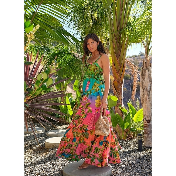 Farm Rio Anthropologie Ombre Forest Tiered Ruffle Beaded Maxi Dress - Picture 8 of 8